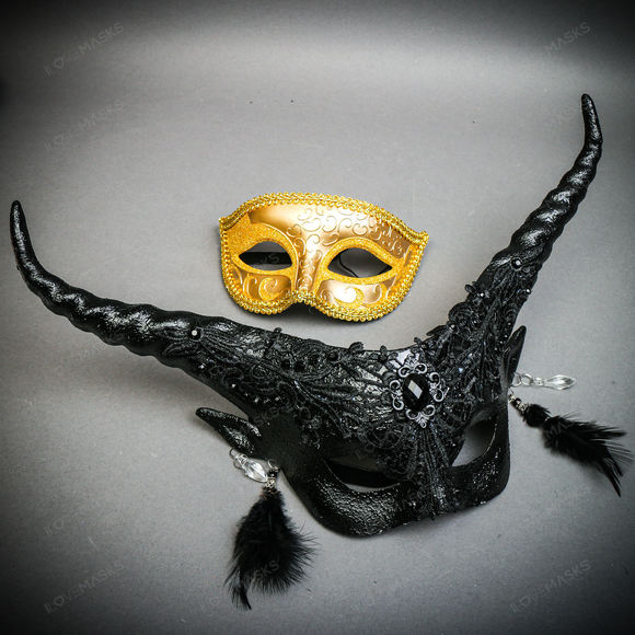 Gold Venetian Classic Eye w/ Long Horns Elegant Devil Eye Black Couple Mask